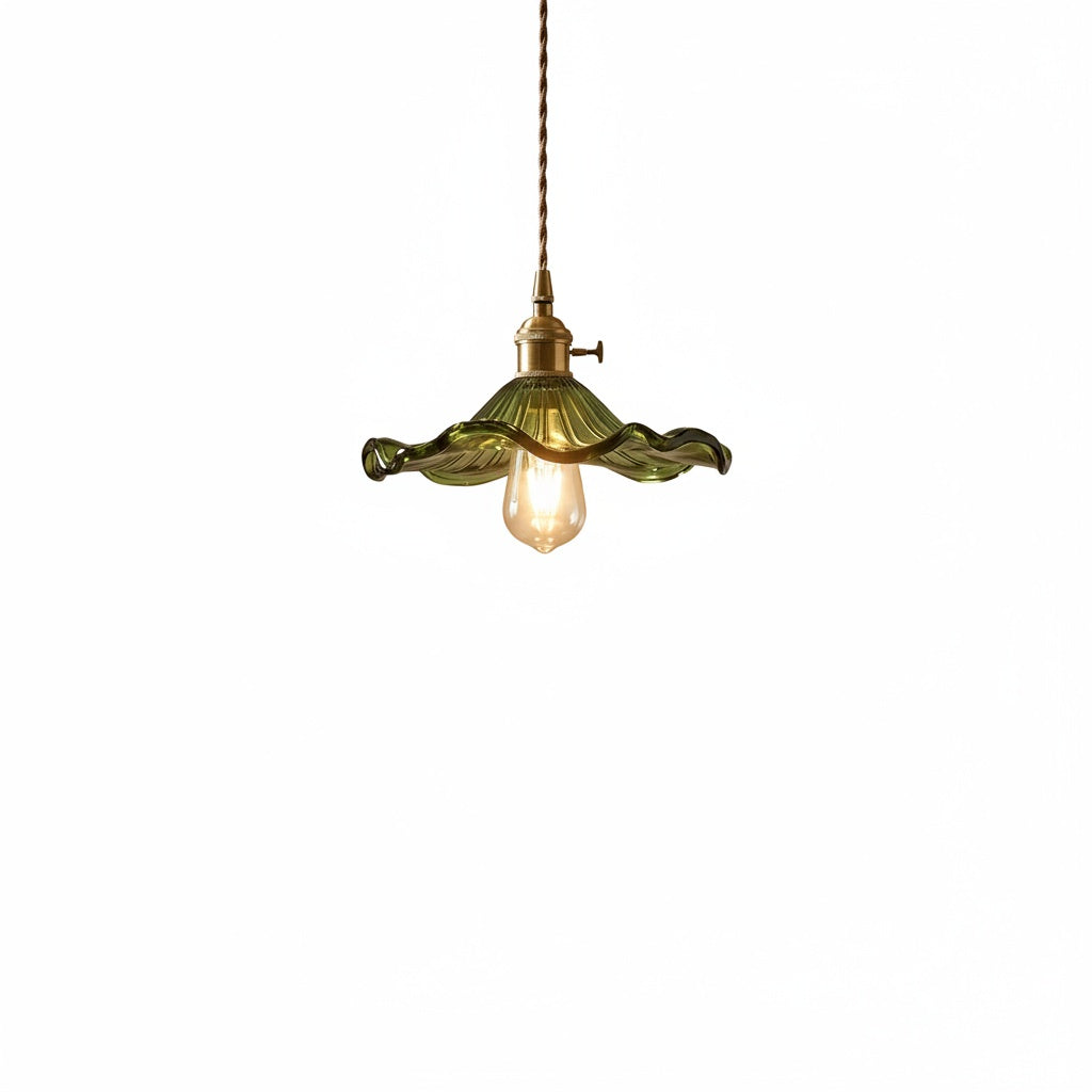Pendant Lamp Vintage with Flower-Shaped Fluted Glass Shade and Brass Fitting