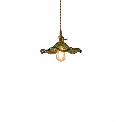 Pendant Lamp Vintage with Flower-Shaped Fluted Glass Shade and Brass Fitting