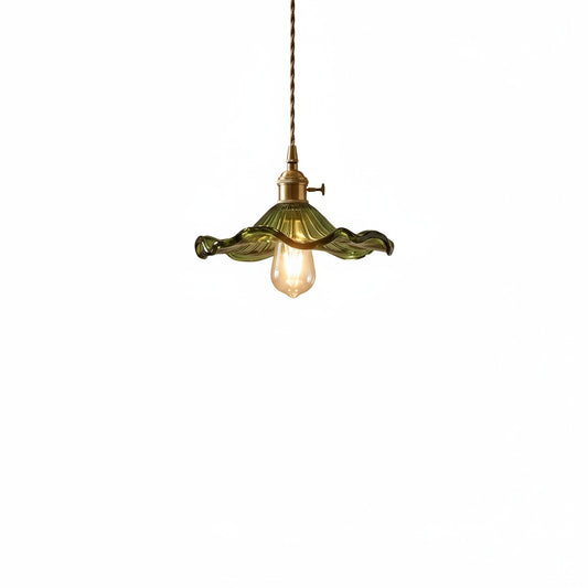 Pendant Lamp Vintage with Flower-Shaped Fluted Glass Shade and Brass Fitting