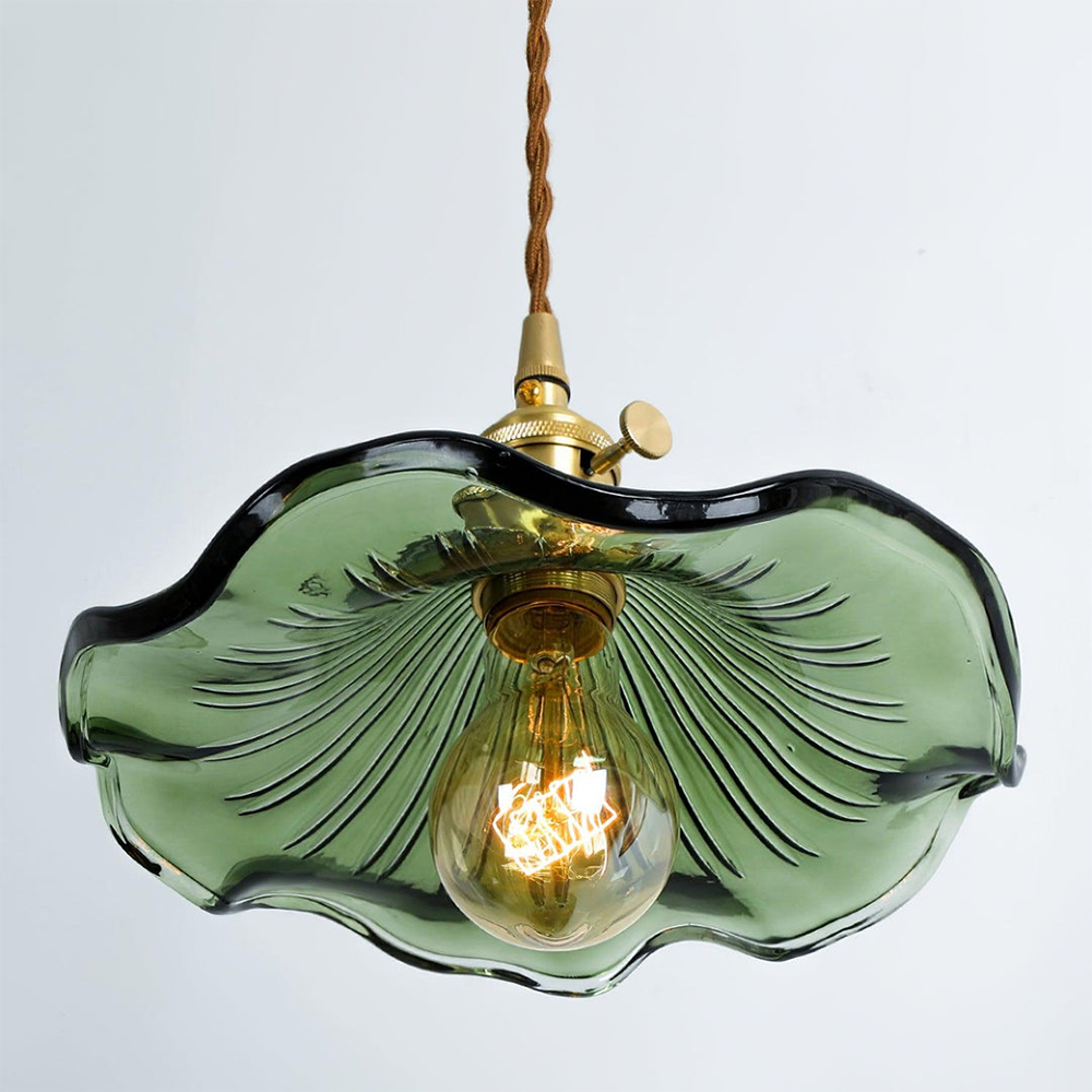 Pendant Lamp Vintage with Flower-Shaped Fluted Glass Shade and Brass Fitting