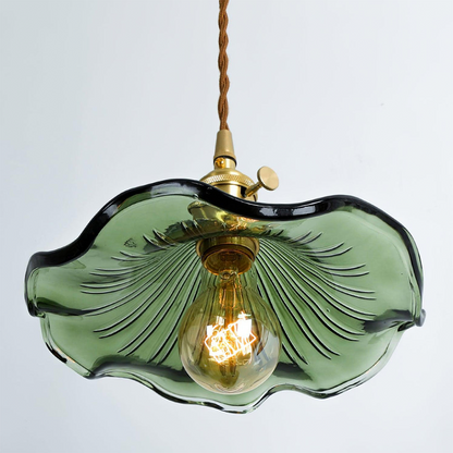 Pendant Lamp Vintage with Flower-Shaped Fluted Glass Shade and Brass Fitting