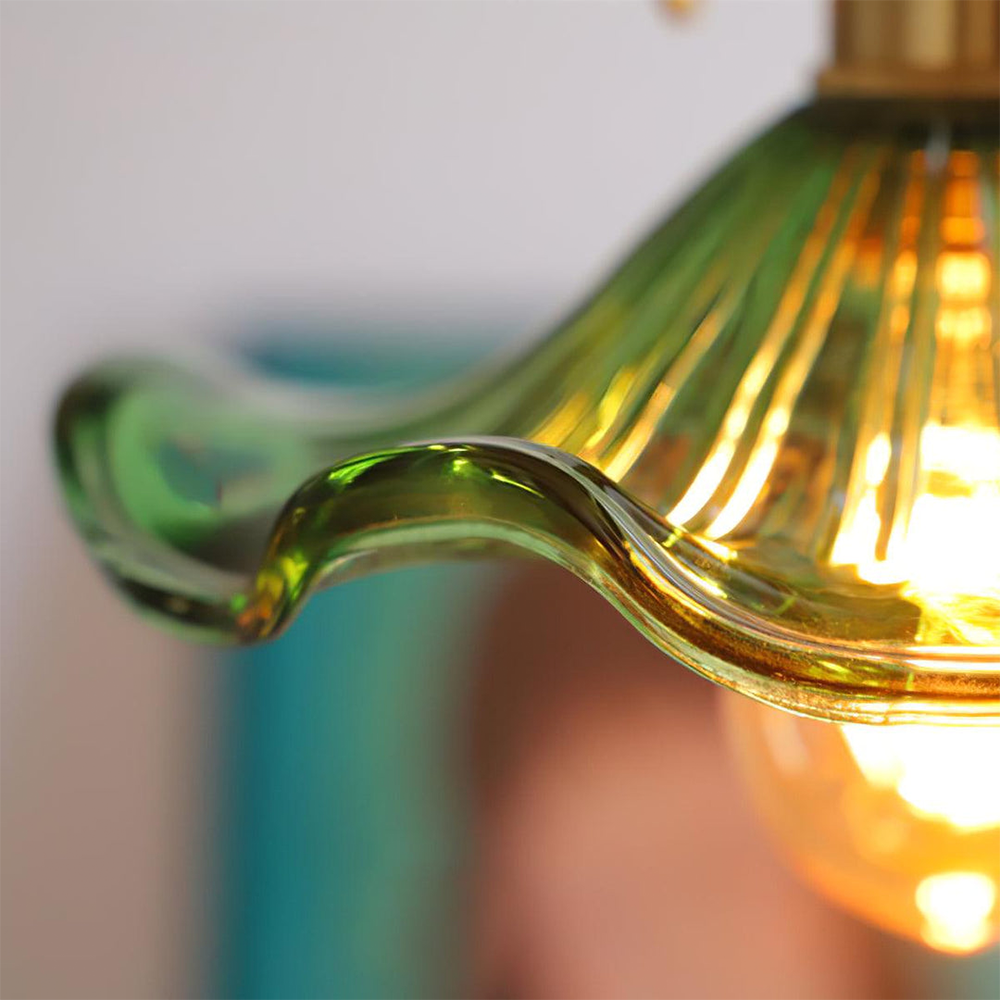 Pendant Lamp Vintage with Flower-Shaped Fluted Glass Shade and Brass Fitting