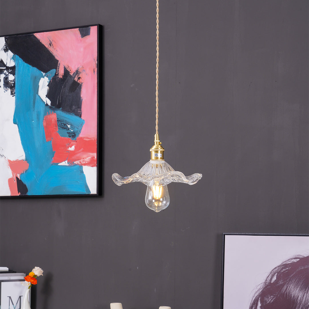 Pendant Lamp Vintage with Flower-Shaped Fluted Glass Shade and Brass Fitting