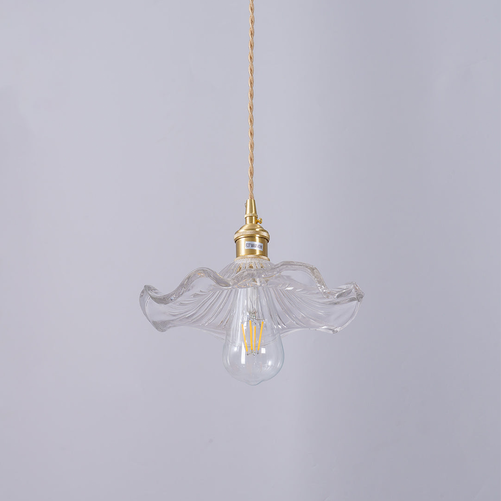 Pendant Lamp Vintage with Flower-Shaped Fluted Glass Shade and Brass Fitting