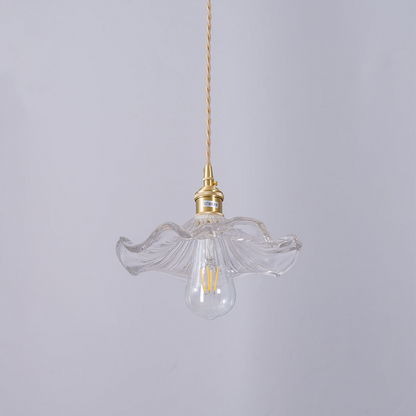 Pendant Lamp Vintage with Flower-Shaped Fluted Glass Shade and Brass Fitting