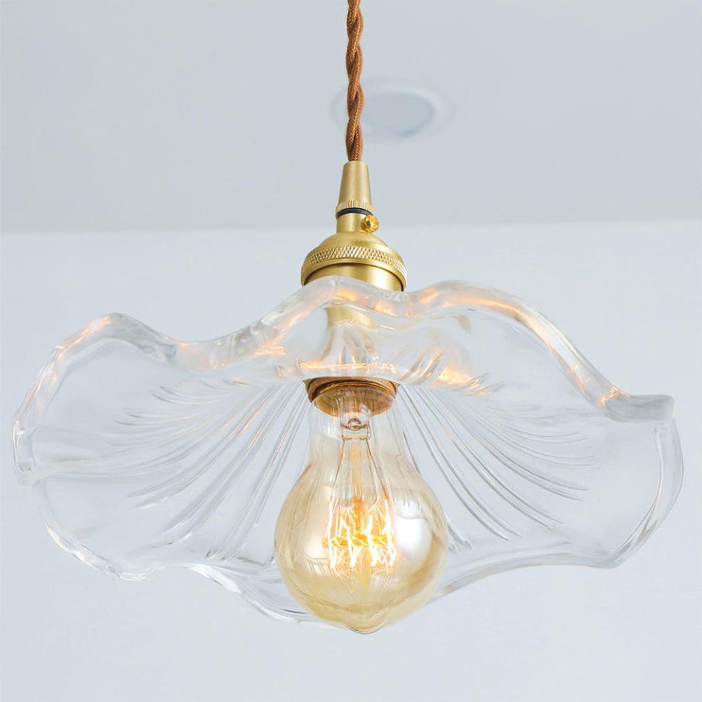 Pendant Lamp Vintage with Flower-Shaped Fluted Glass Shade and Brass Fitting