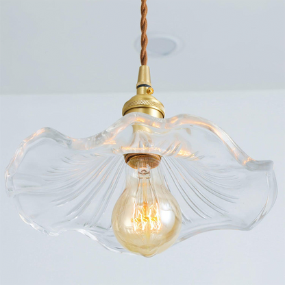Pendant Lamp Vintage with Flower-Shaped Fluted Glass Shade and Brass Fitting