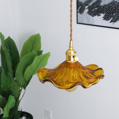 Pendant Lamp Vintage with Flower-Shaped Fluted Glass Shade and Brass Fitting