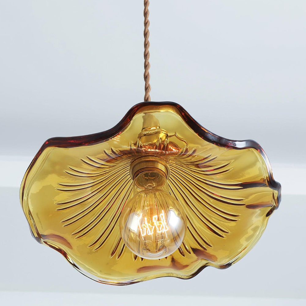 Pendant Lamp Vintage with Flower-Shaped Fluted Glass Shade and Brass Fitting