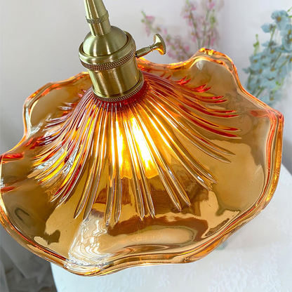Pendant Lamp Vintage with Flower-Shaped Fluted Glass Shade and Brass Fitting