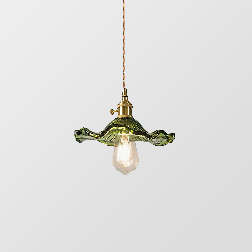 Pendant Lamp Vintage with Flower-Shaped Fluted Glass Shade and Brass Fitting