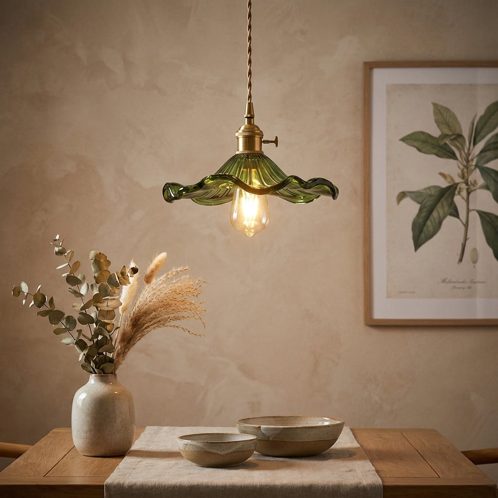 Pendant Lamp Vintage with Flower-Shaped Fluted Glass Shade and Brass Fitting