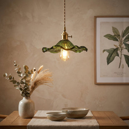 Pendant Lamp Vintage with Flower-Shaped Fluted Glass Shade and Brass Fitting