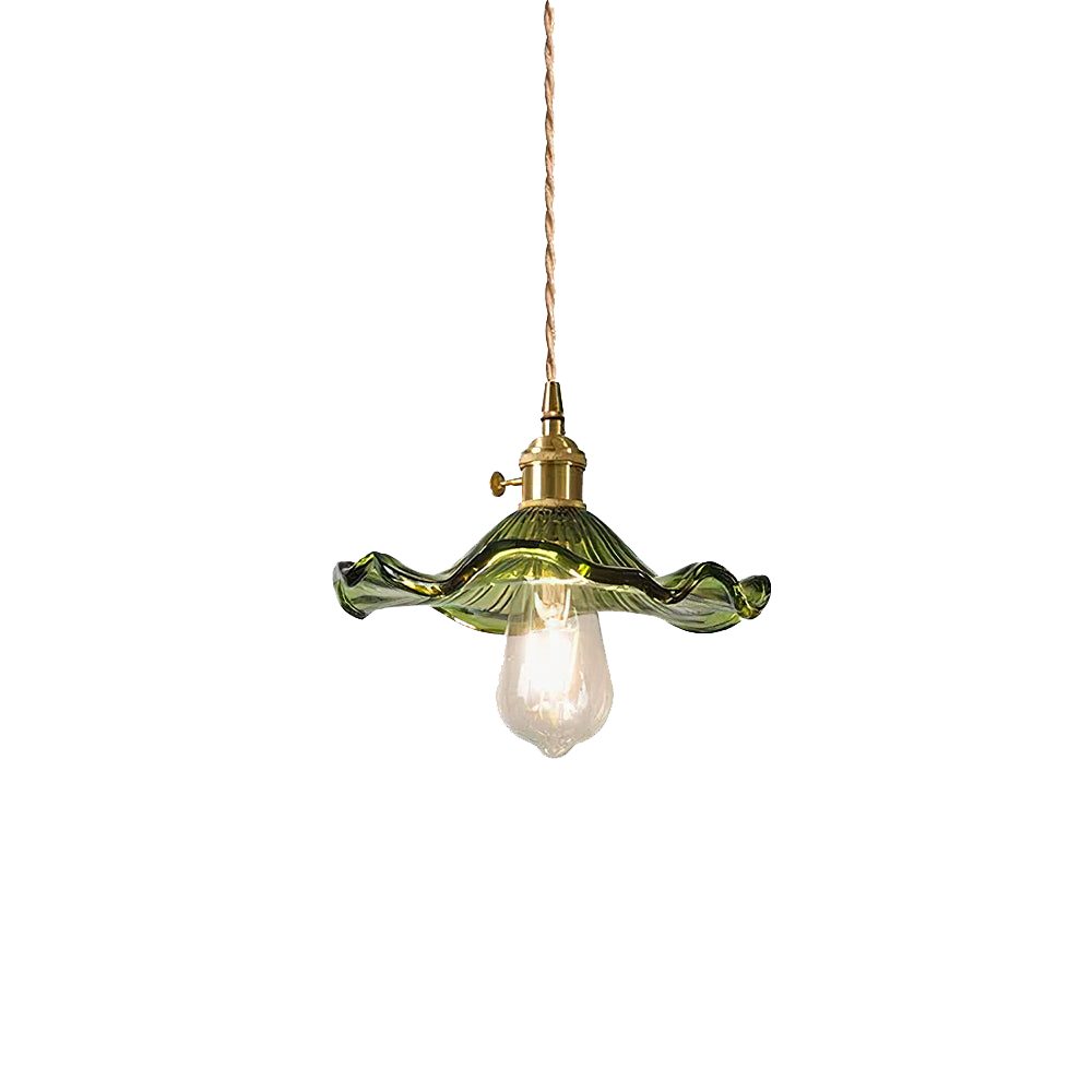 Pendant Lamp Vintage with Flower-Shaped Fluted Glass Shade and Brass Fitting