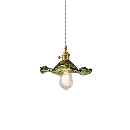 Pendant Lamp Vintage with Flower-Shaped Fluted Glass Shade and Brass Fitting