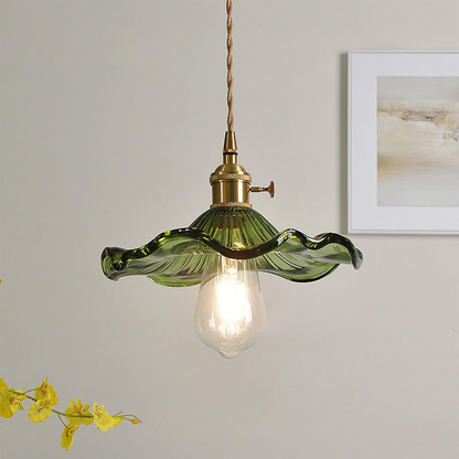 Pendant Lamp Vintage with Flower-Shaped Fluted Glass Shade and Brass Fitting