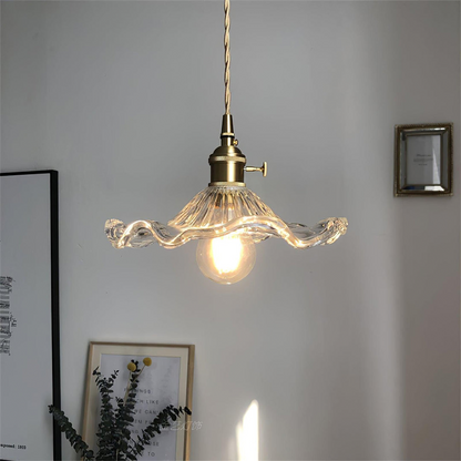Pendant Lamp Vintage with Flower-Shaped Fluted Glass Shade and Brass Fitting