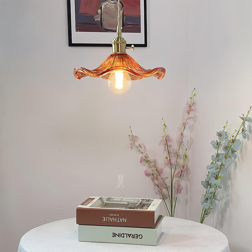 Pendant Lamp Vintage with Flower-Shaped Fluted Glass Shade and Brass Fitting