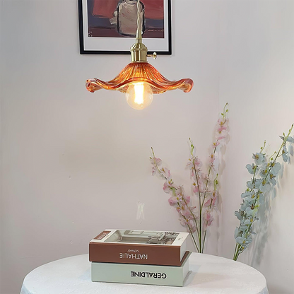 Pendant Lamp Vintage with Flower-Shaped Fluted Glass Shade and Brass Fitting