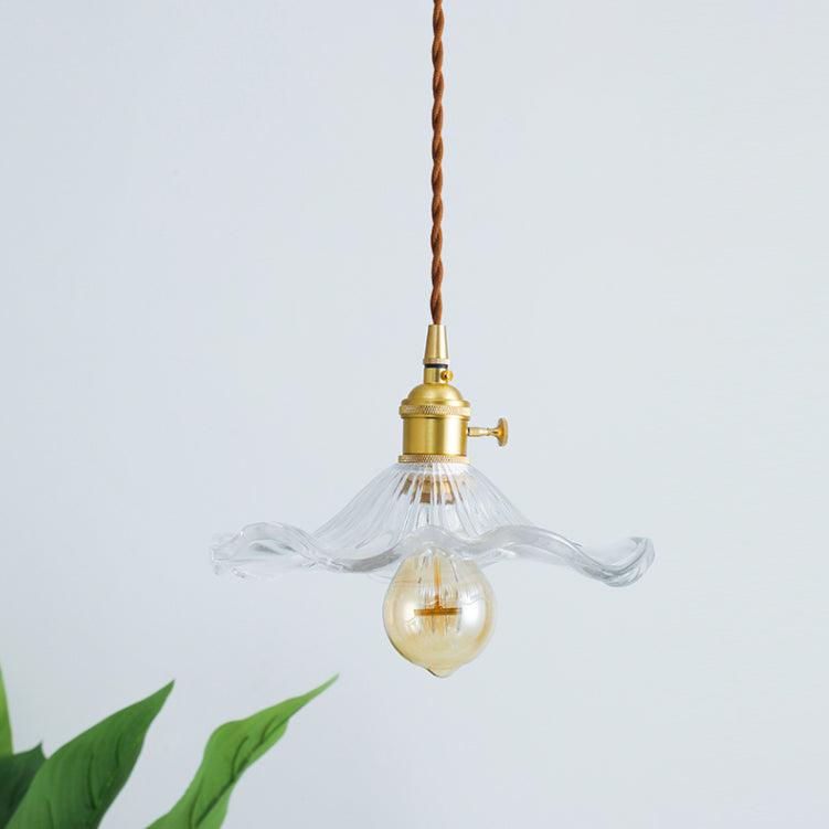 Pendant Lamp Vintage with Flower-Shaped Glass Shade and Brass Fitting