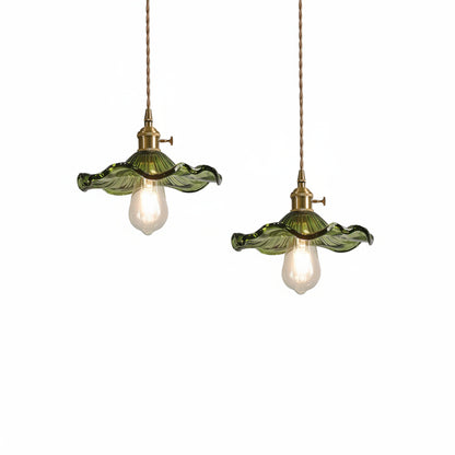 Pendant Lamp Vintage with Flower-Shaped Glass Shade and Brass Fitting