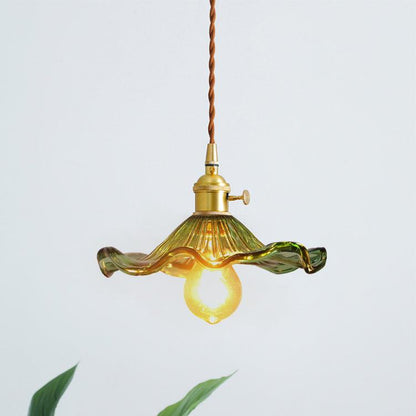 Pendant Lamp Vintage with Flower-Shaped Glass Shade and Brass Fitting