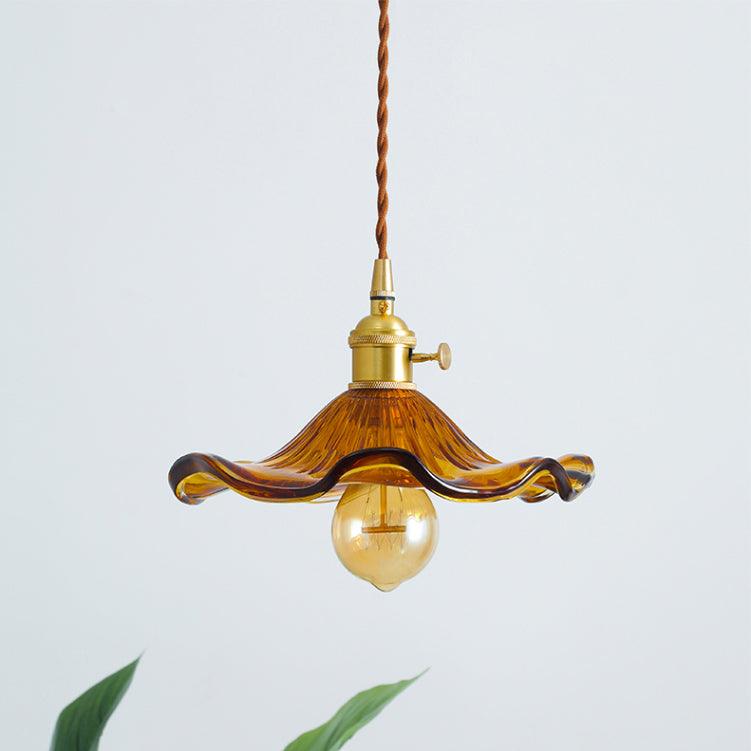 Pendant Lamp Vintage with Flower-Shaped Glass Shade and Brass Fitting