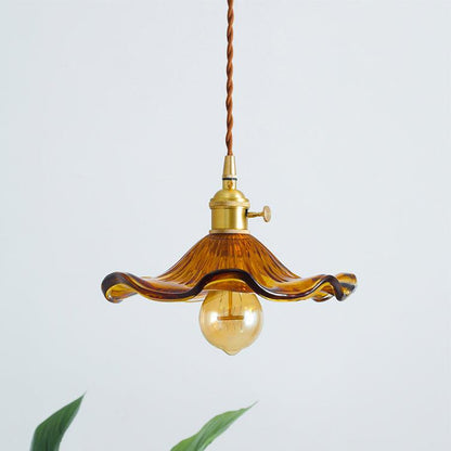 Pendant Lamp Vintage with Flower-Shaped Glass Shade and Brass Fitting