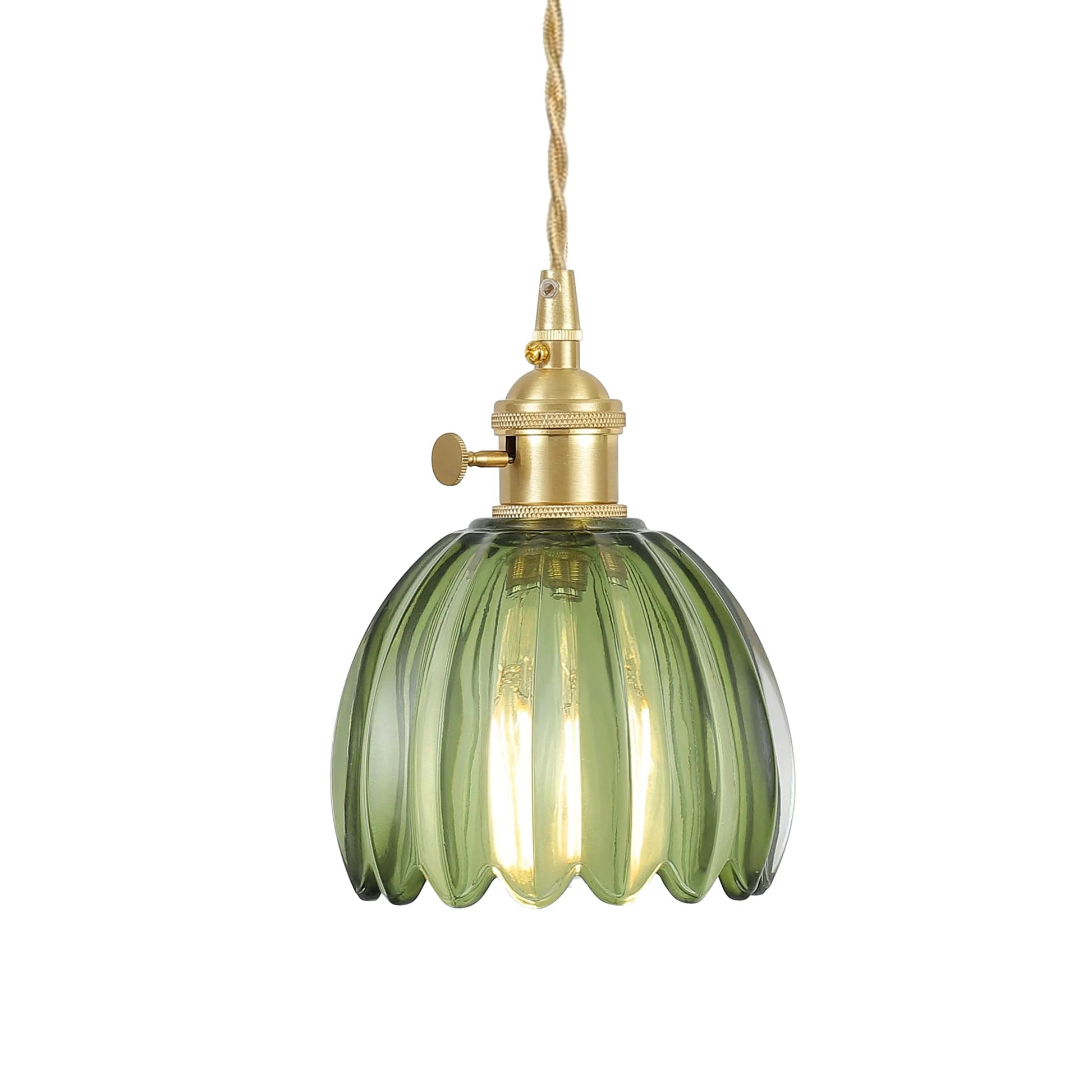 Pendant Lamp Vintage with Fluted Glass Flower Shade and Brass Fitting