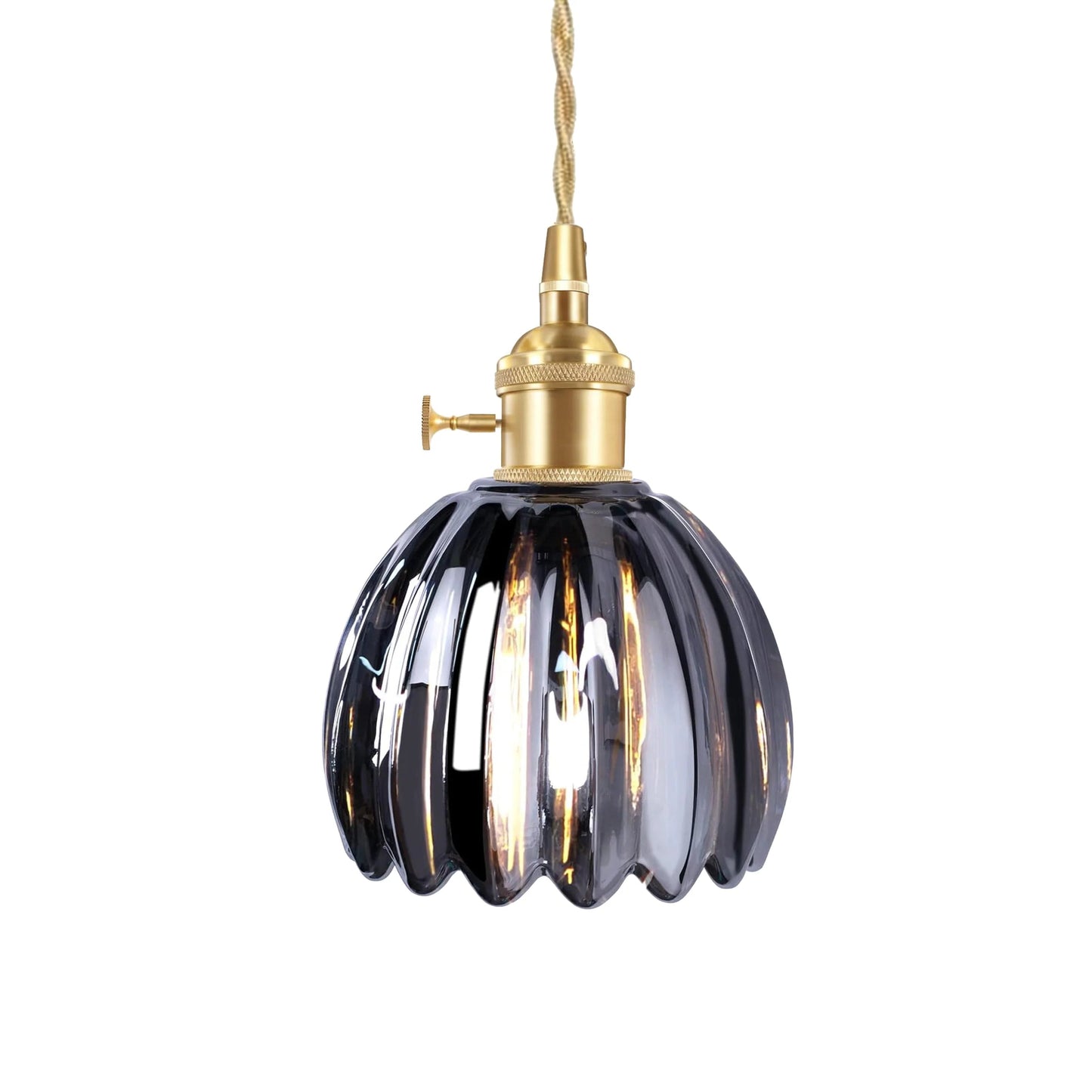 Pendant Lamp Vintage with Fluted Glass Flower Shade and Brass Fitting