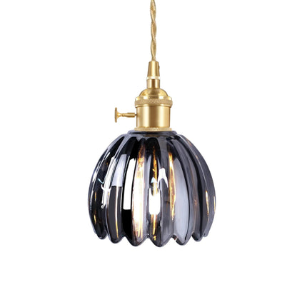 Pendant Lamp Vintage with Fluted Glass Flower Shade and Brass Fitting