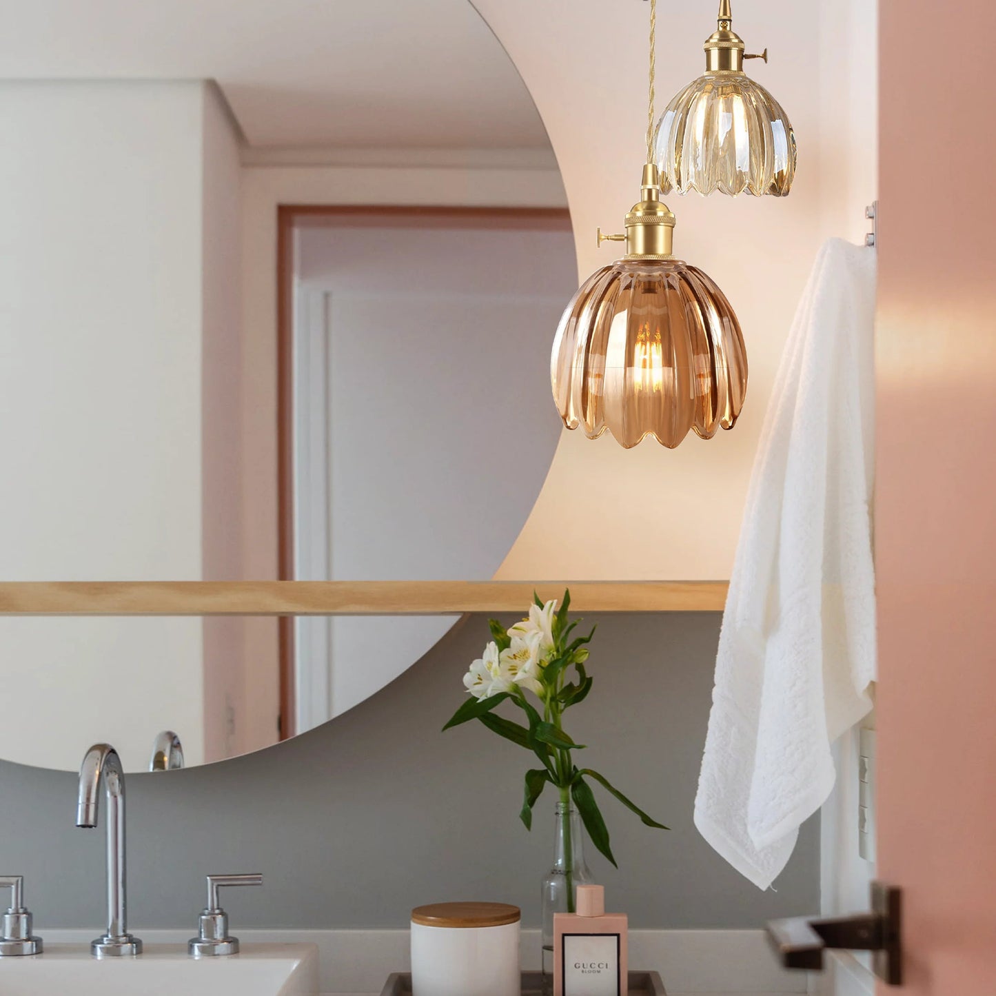 Pendant Lamp Vintage with Fluted Glass Flower Shade and Brass Fitting