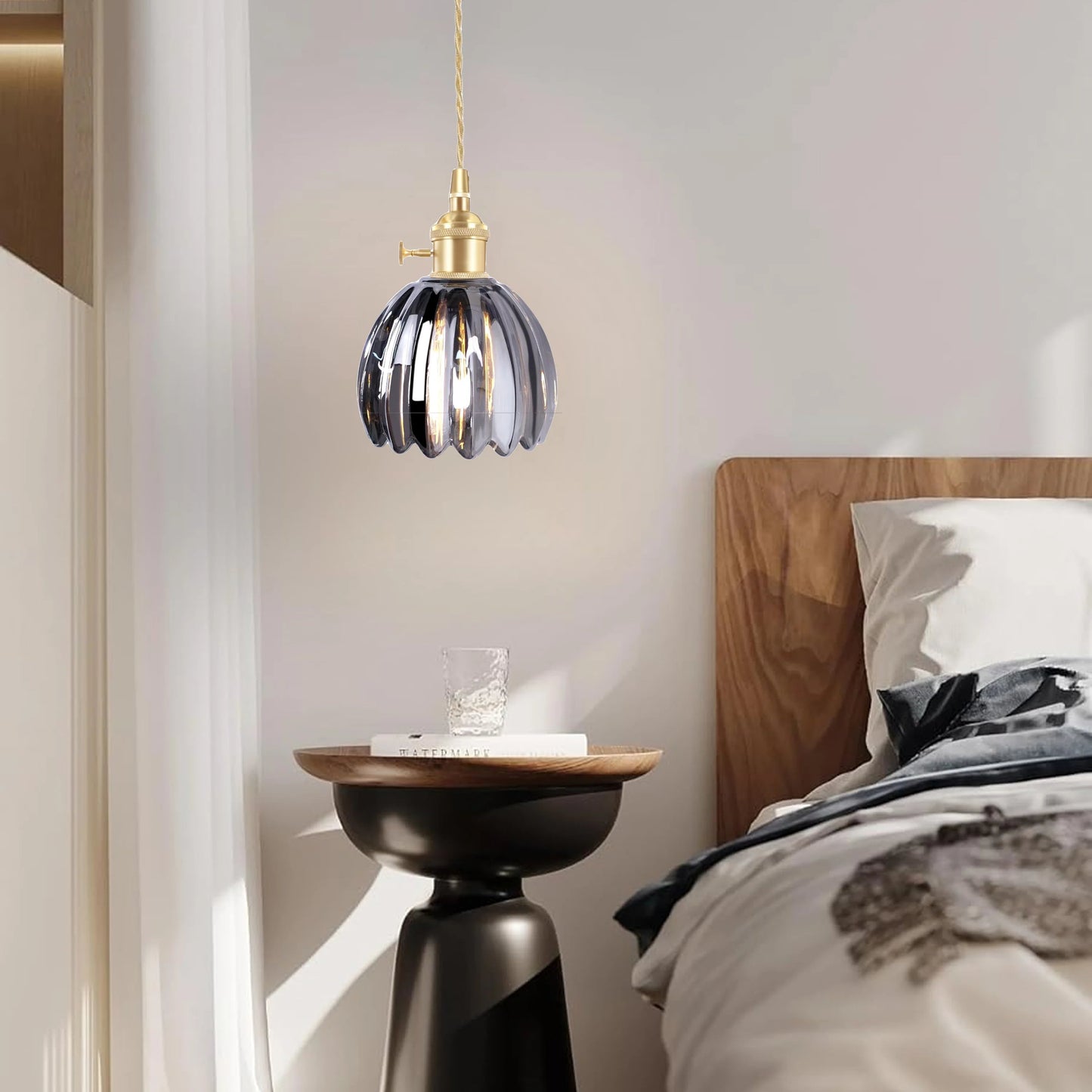 Pendant Lamp Vintage with Fluted Glass Flower Shade and Brass Fitting