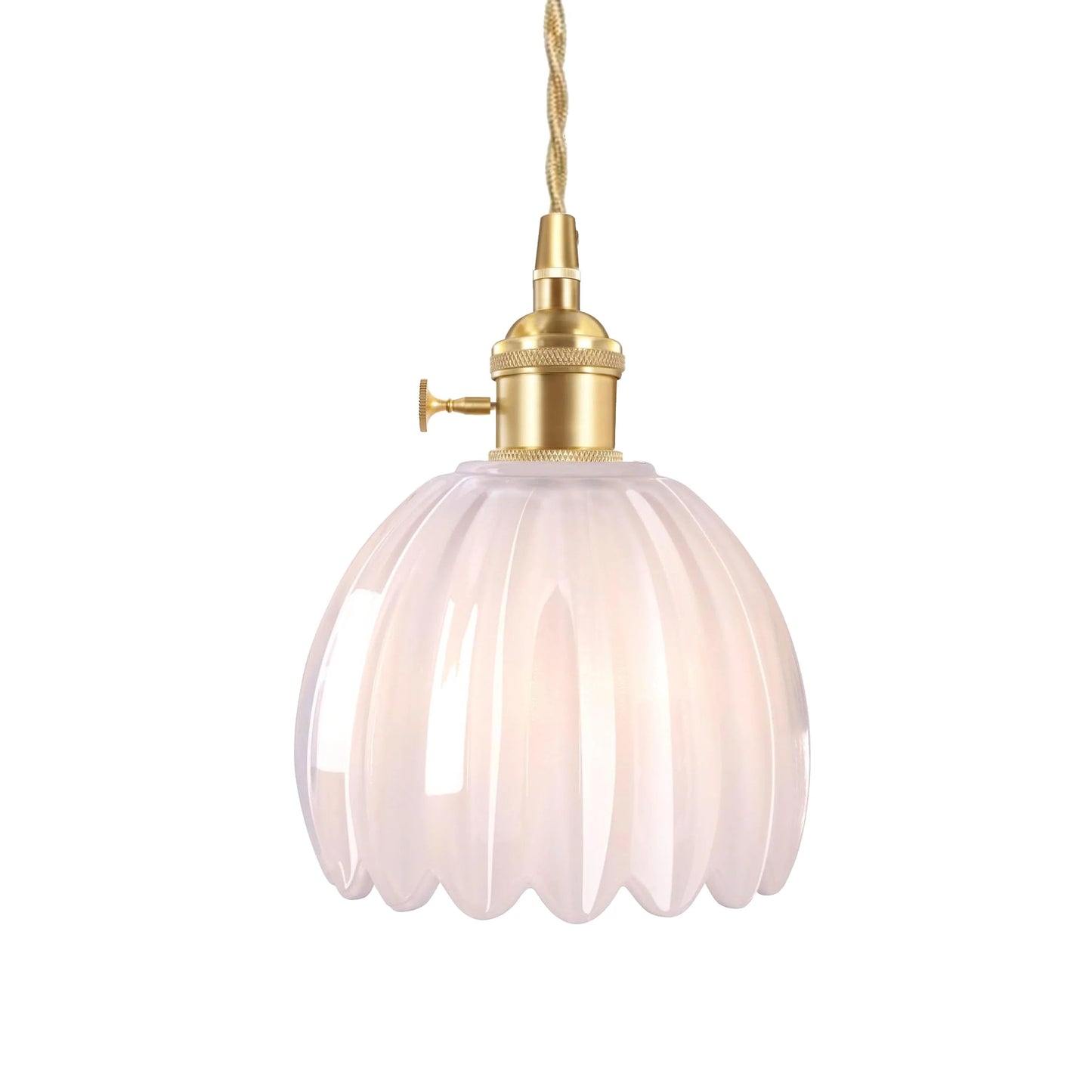 Pendant Lamp Vintage with Fluted Glass Flower Shade and Brass Fitting