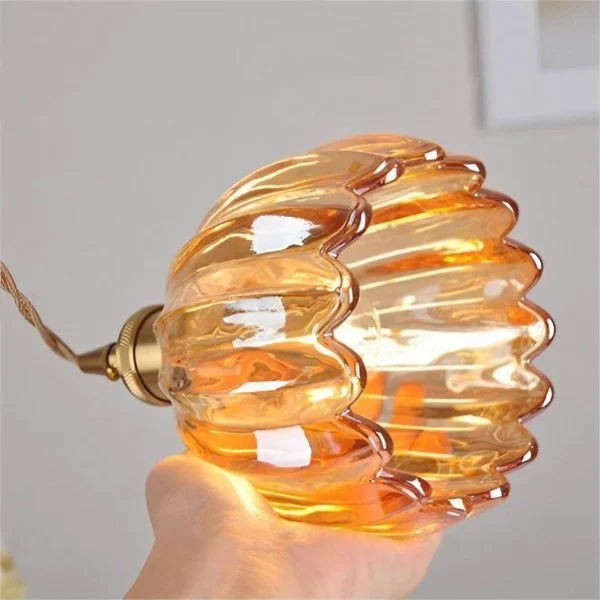 Pendant Lamp Vintage with Fluted Glass Flower Shade and Brass Fitting