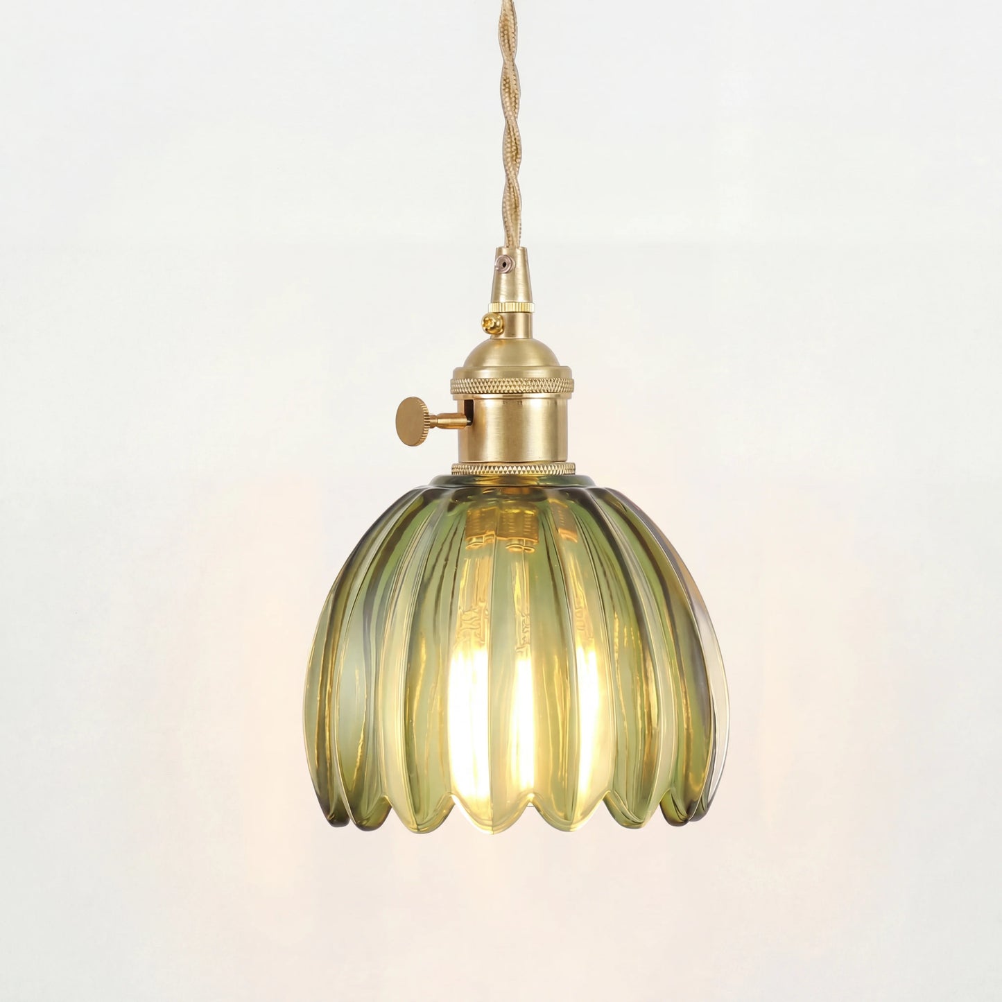 Pendant Lamp Vintage with Fluted Glass Flower Shade and Brass Fitting