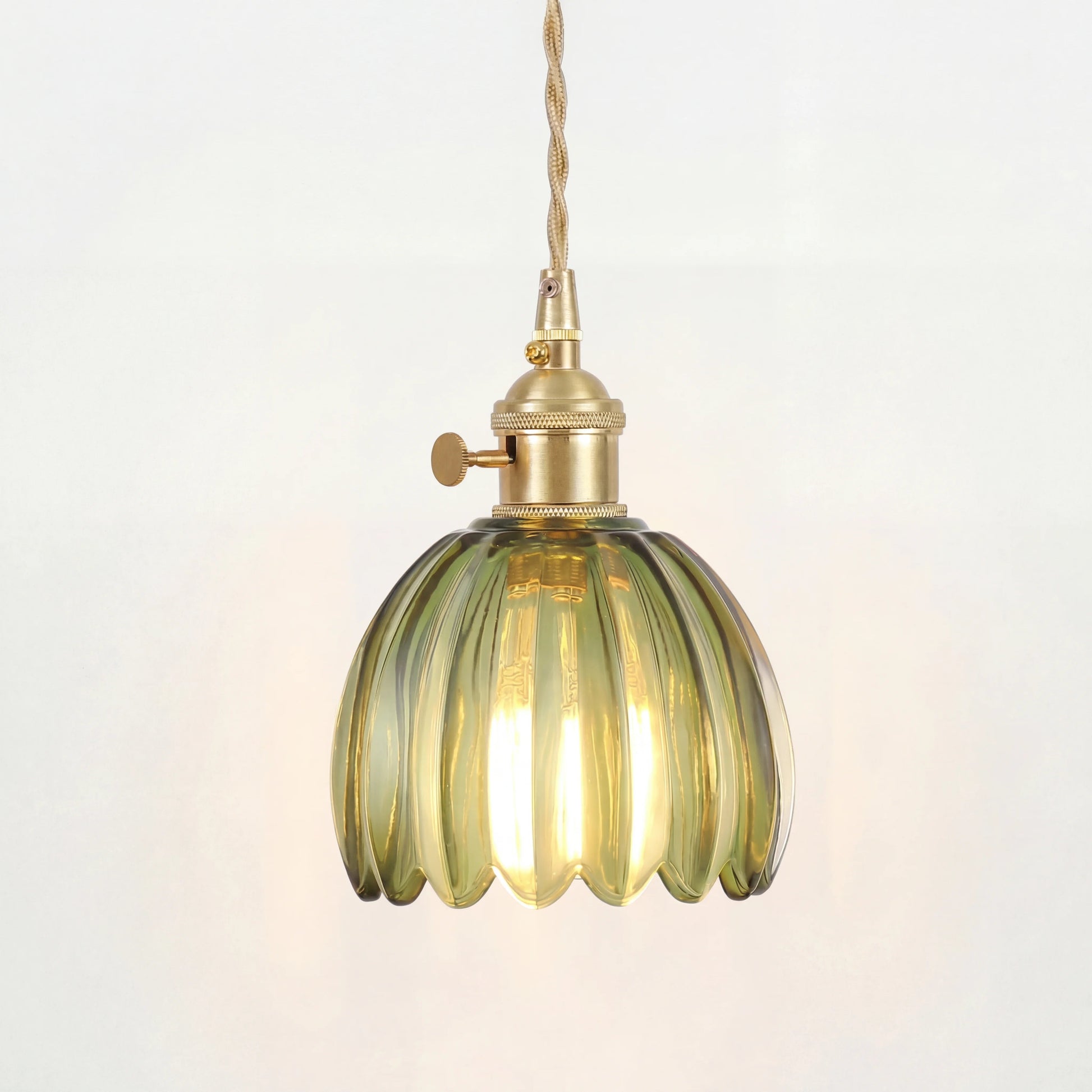 Pendant Lamp Vintage with Fluted Glass Flower Shade and Brass Fitting