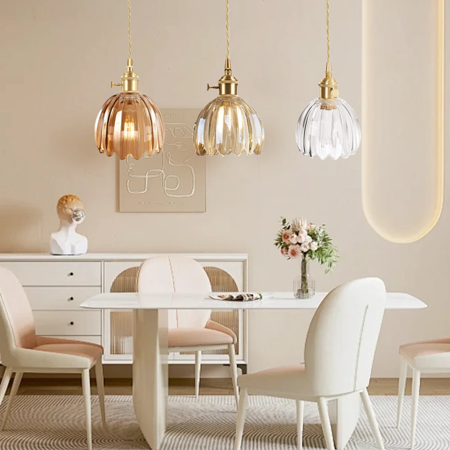 Pendant Lamp Vintage with Fluted Glass Flower Shade and Brass Fitting