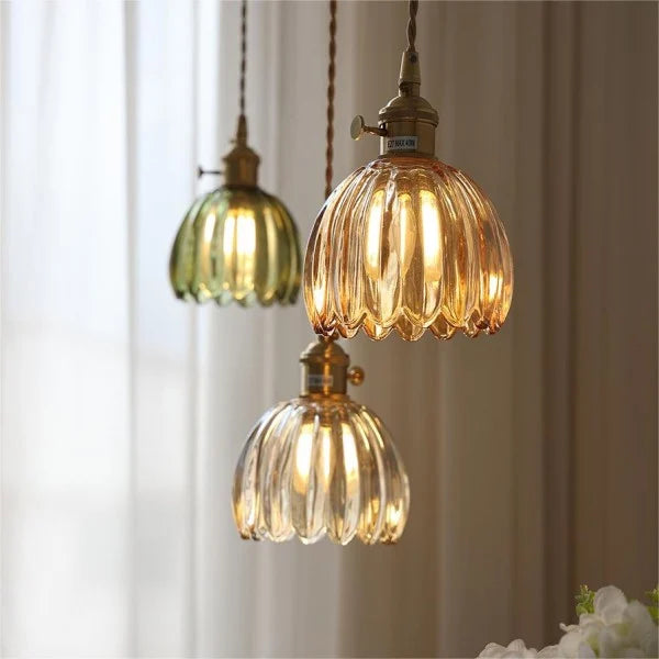 Pendant Lamp Vintage with Fluted Glass Flower Shade and Brass Fitting