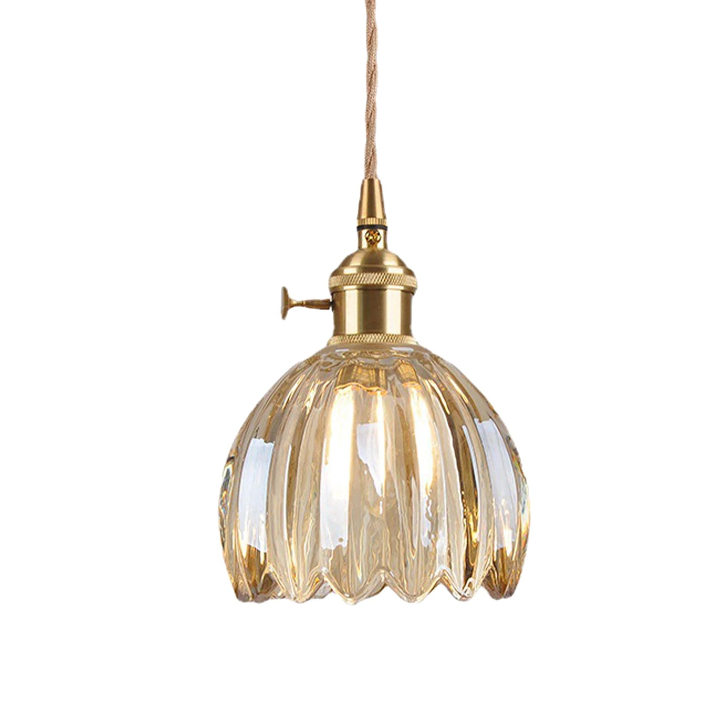 Pendant Lamp Vintage with Fluted Glass Flower Shade and Brass Fitting