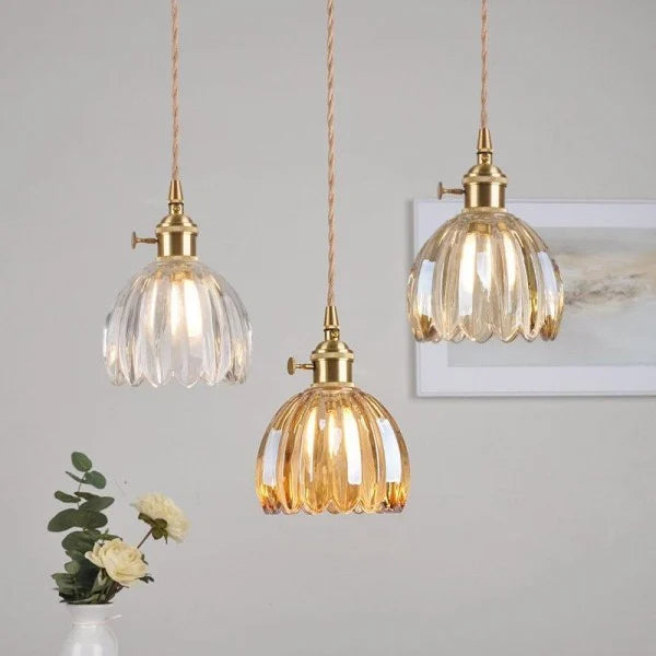 Pendant Lamp Vintage with Fluted Glass Flower Shade and Brass Fitting