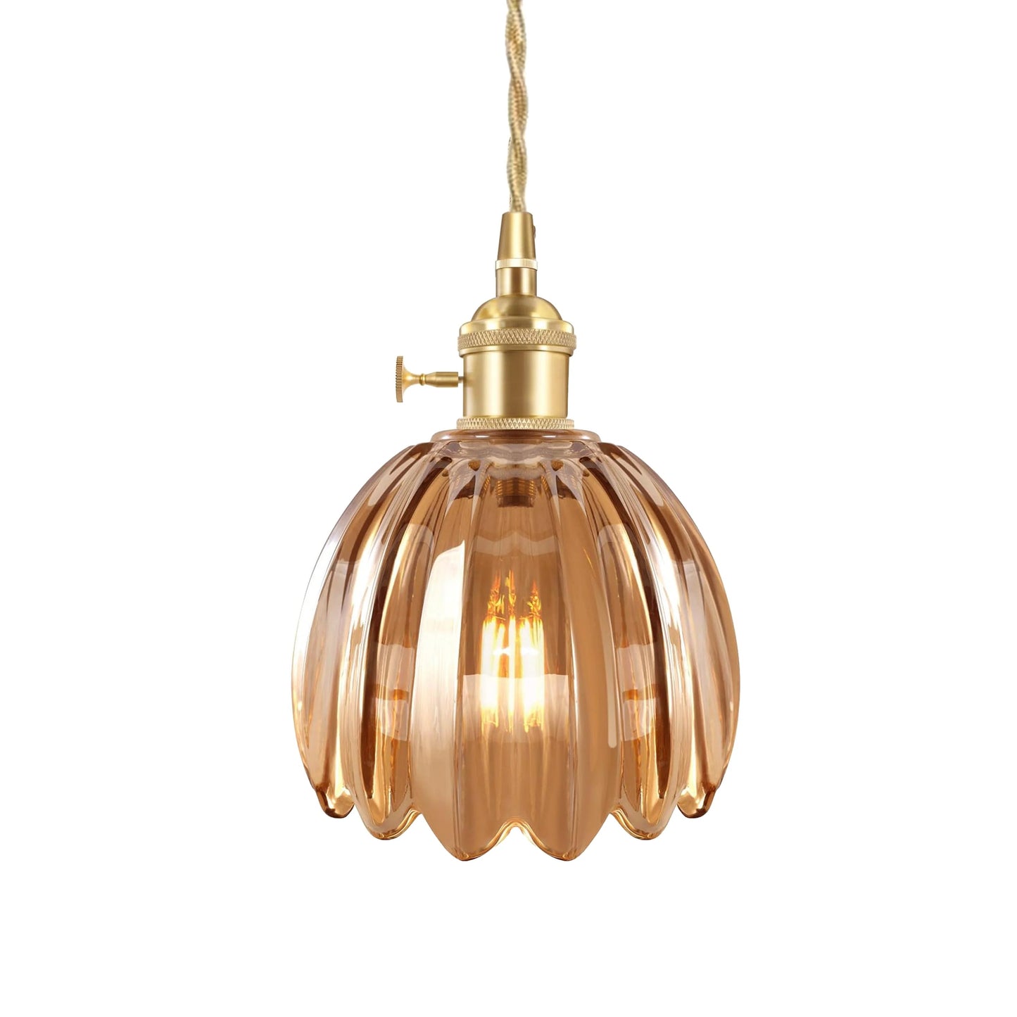 Pendant Lamp Vintage with Fluted Glass Flower Shade and Brass Fitting