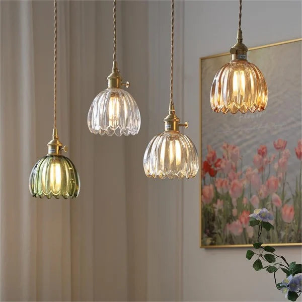 Pendant Lamp Vintage with Fluted Glass Flower Shade and Brass Fitting