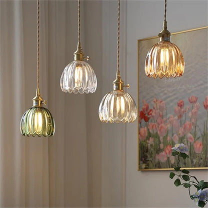 Pendant Lamp Vintage with Fluted Glass Flower Shade and Brass Fitting