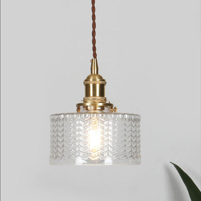 Pendant Lamp Vintage with Textured Glass Shade and Brass Fitting