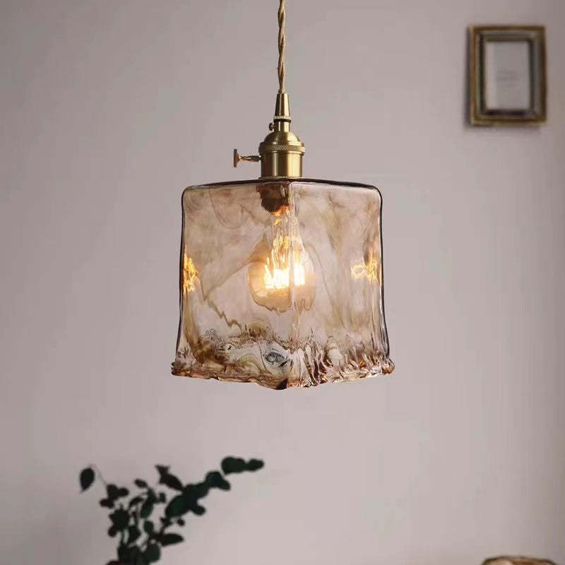 Pendant Lamp Vintage with Textured Glass Shade and Brass Fitting