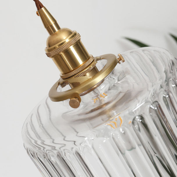 Pendant Lamp Vintage with Textured Glass Shade and Brass Fitting