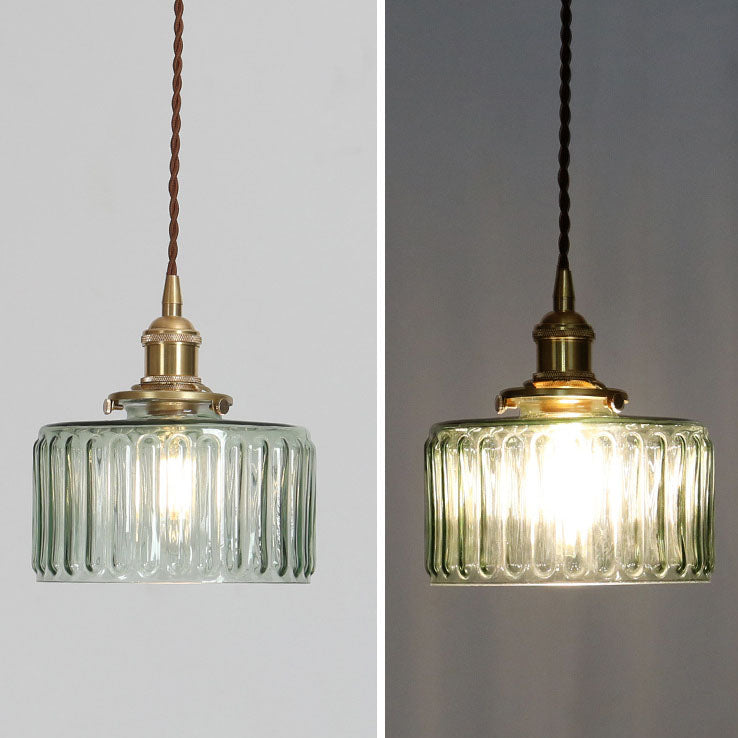 Pendant Lamp Vintage with Textured Glass Shade and Brass Fitting