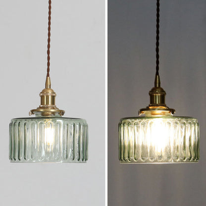 Pendant Lamp Vintage with Textured Glass Shade and Brass Fitting