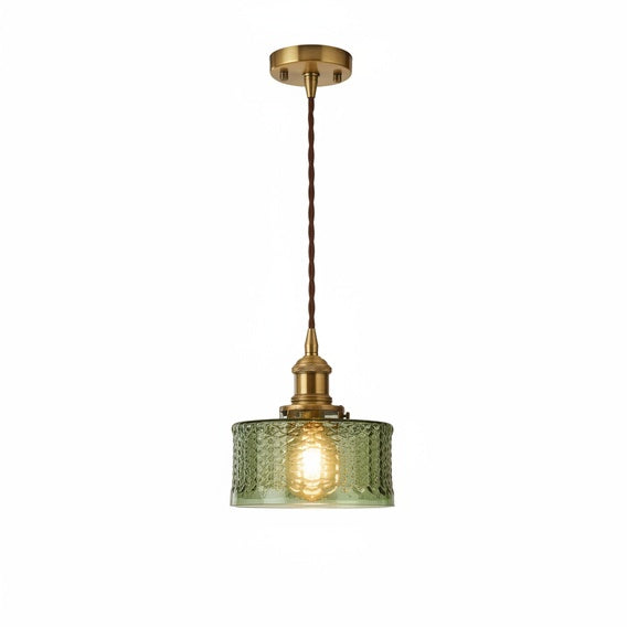 Pendant Lamp Vintage with Textured Glass Shade and Brass Fitting